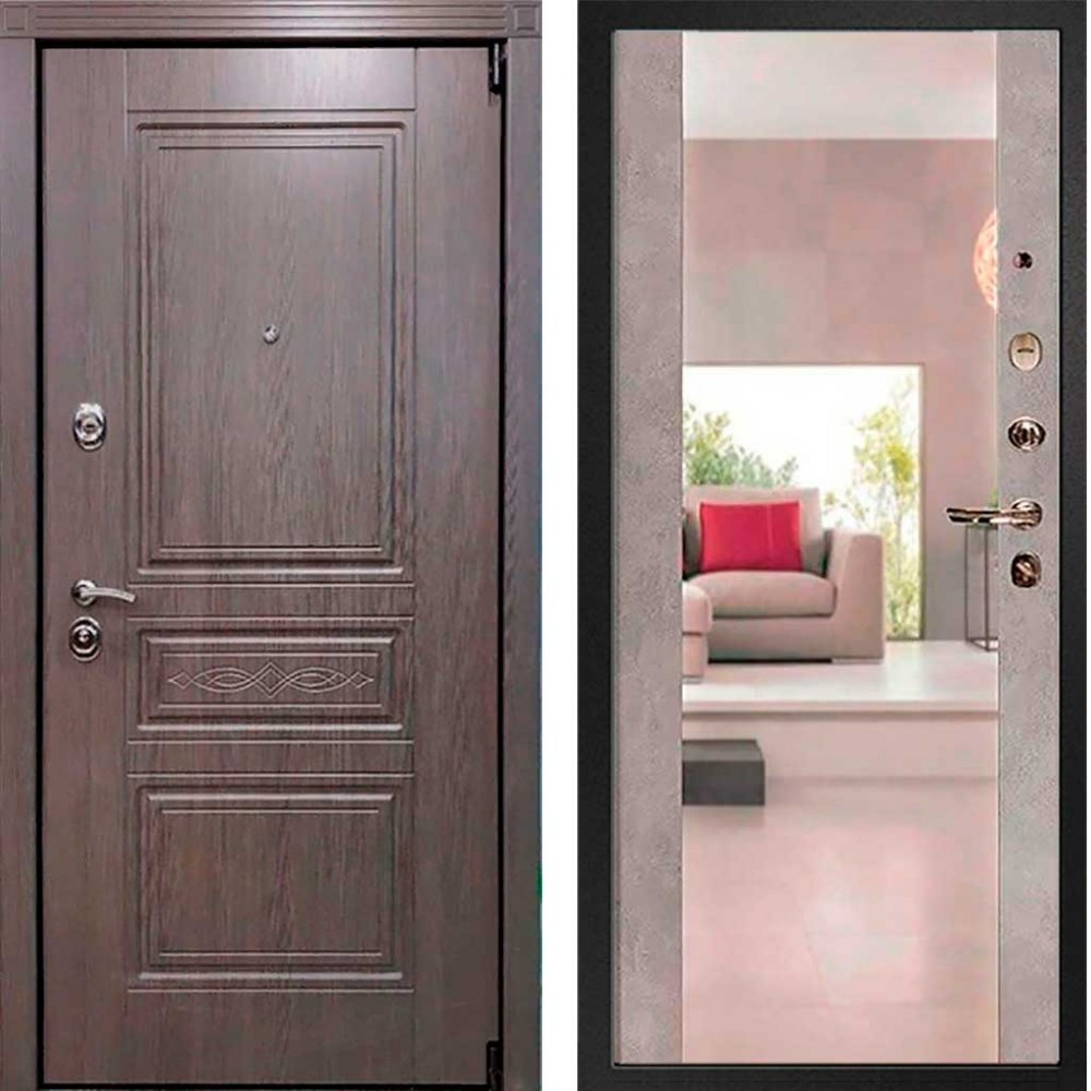 Входная металлическая дверь с зеркалом RеX (РЕКС) Премиум S Узор лиственница серая / СБ-16 Бетон светлый