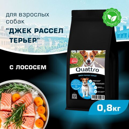 Корм сухой для взрослых собак породы Джек Рассел Терьер, с лососем, 800 гр, QUATTRO