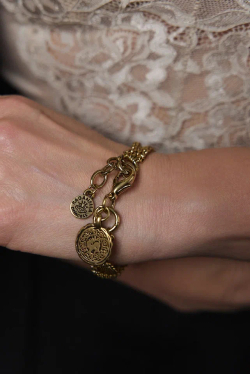 Браслет монета этника на многослойной цепочке ролло, оттенок золото антик