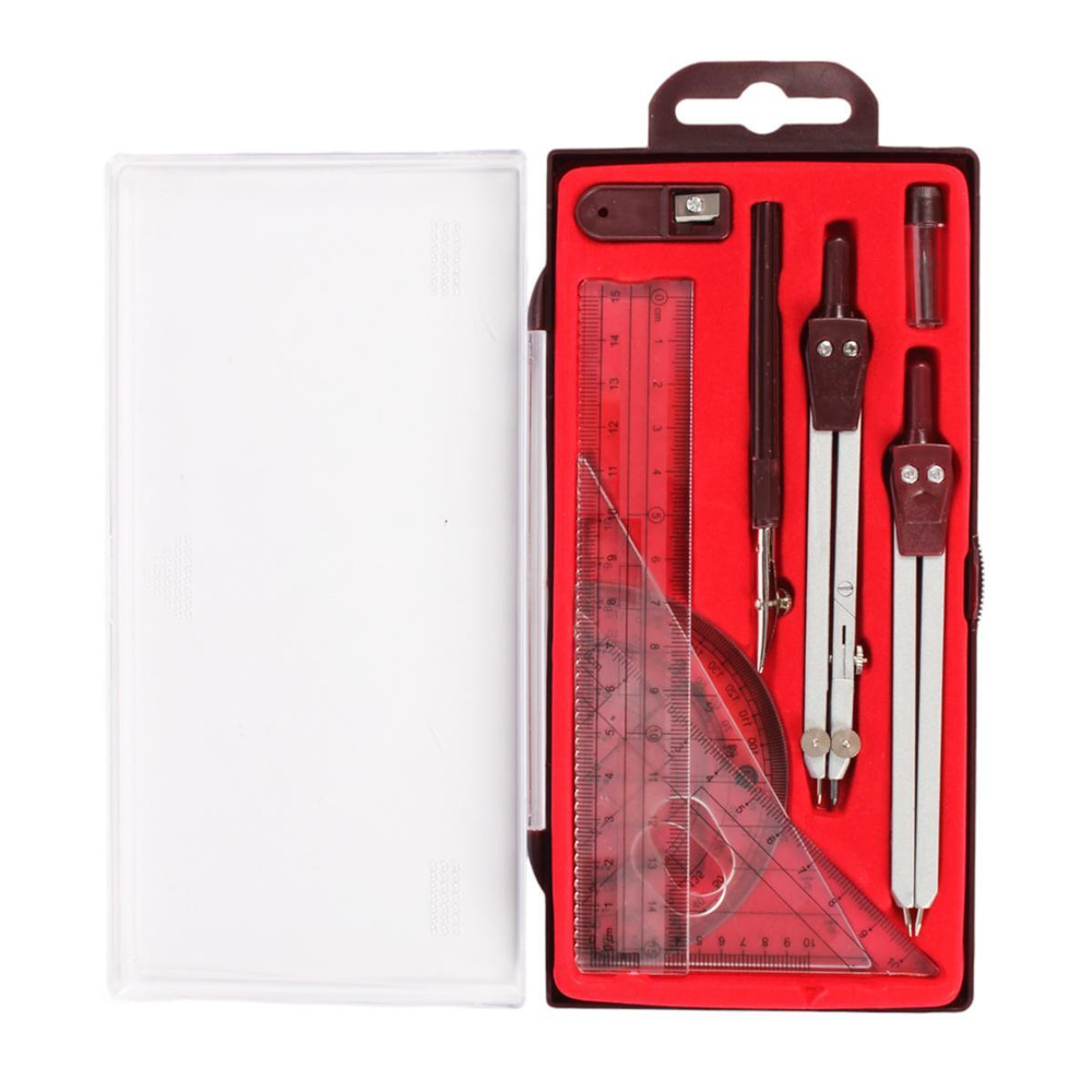 Готовальня 9 предметов: циркуль металл.+грифели, циркуль-измериитель, рейсфедер, точилка, 4 линейки,