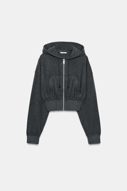 ZARA УКОРОЧЕННОЕ ХУДИ С КАПЮШОНОМ, ТЕМНО-СЕРЫЙ