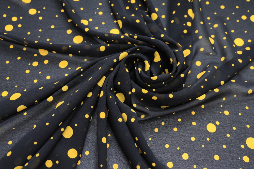 Креп-жоржет черный в желтый горох