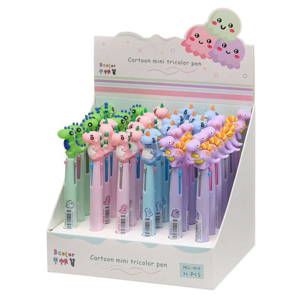 Ручка шариковая, автоматическая, 3в1, Basir, 3-ёх цветная, серия "Динозаврик", с резиновой фигуркой, 36 шт