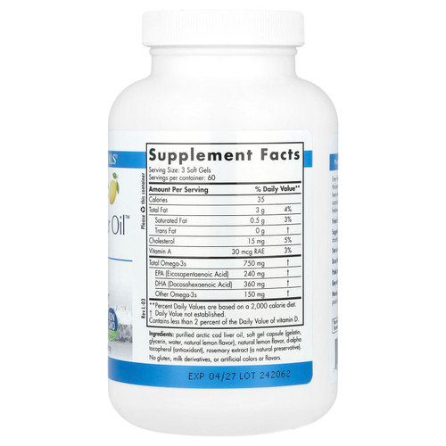 Nordic Naturals, Arctic Cod Liver Oil, жир печени арктической трески, с лимонным вкусом, 1000 мг, 180 мягких таблеток