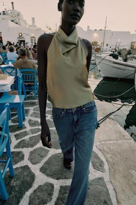ZARA АТЛАСНЫЙ ТОП С ГОРЛОВИНОЙ ХАЛТЕР, СВЕТЛЫЙ ХАКИ