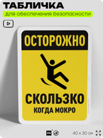 Табличка для обеспечения безопасности "Осторожно, скользко когда мокро", для офиса, по охране труда для предприятия, организаций, 40х30 см, Silver Plane x Айдентика Технолоджи