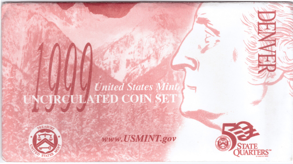 Годовой набор монет США 1999 год. Денвер (D: 4 монеты годовых + жетон; 5 монет 25 центов штаты) в родном конверте. Медно-никель, медь