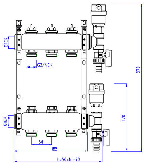Коллекторный блок Valtec 1"х3/4" 7 выходов (нерж. сталь) VTc.588.EMNX.0607
