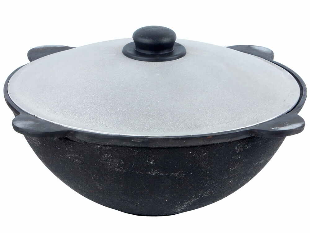 Казан 6л узбекский чугунный с алюминиевой крышкой, плоское дно (г.Наманган)