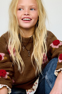 ZARA ВЯЗАНЫЙ ДЖЕМПЕР С ЦВЕТОЧНЫМИ АППЛИКАЦИЯМИ, КАРАМЕЛЬНЫЙ