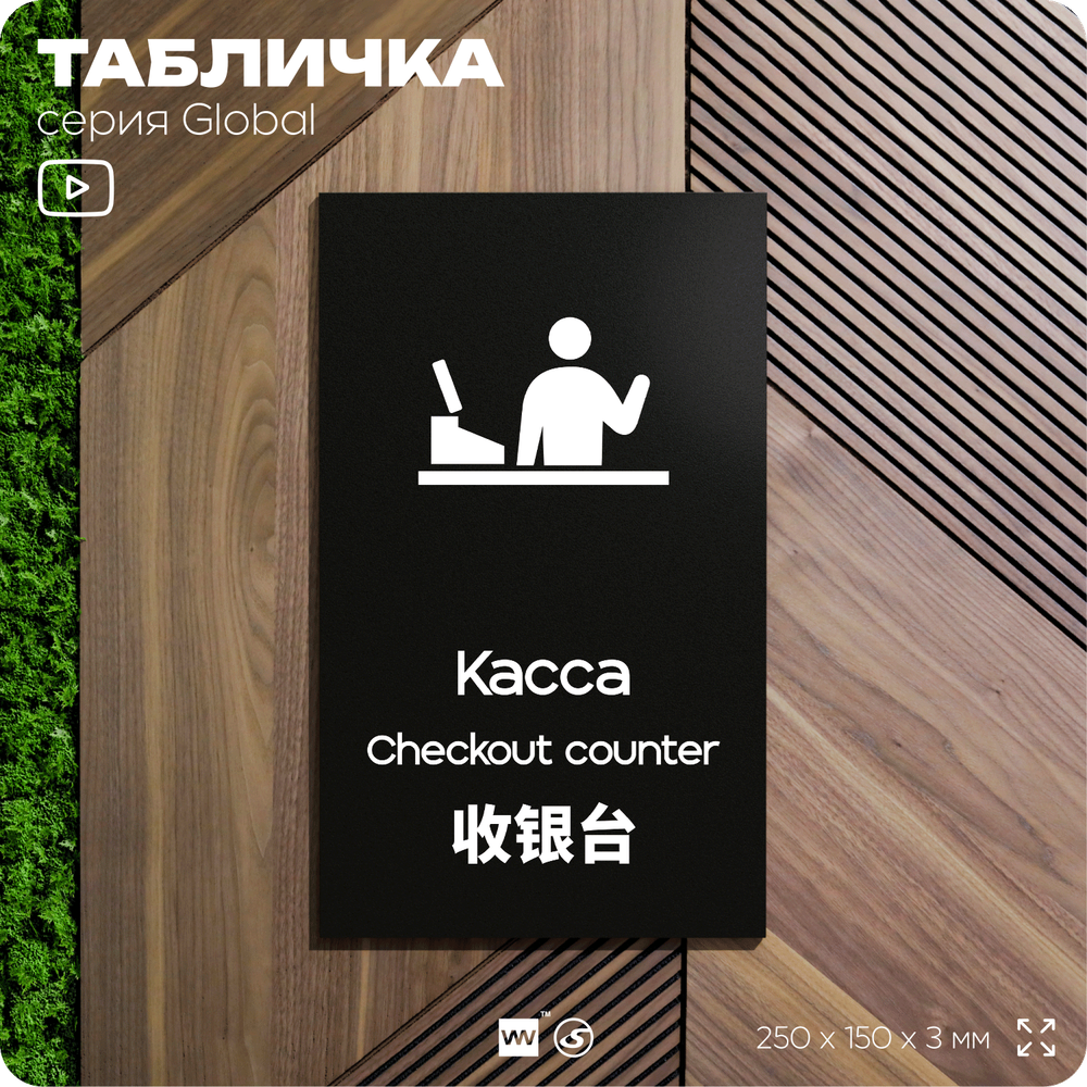Табличка Касса, на дверь и стену, информационная и мультиязычная (русский, английский, китайский), серия GLOBAL, 25х15 см, Айдентика Технолоджи