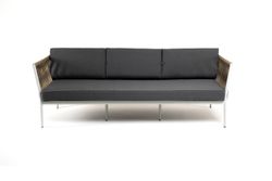 "Касабланка" диван 3-местный плетеный из роупа, каркас алюминий светло-серый (RAL7035) муар, роуп серо-коричневый 23мм, ткань серая 017