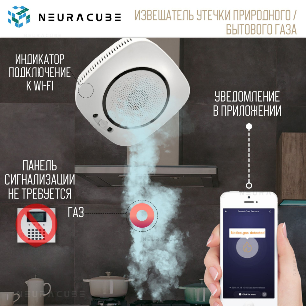 WiFi Датчик / Извещатель утечки природного / бытового газа NEURACUBE (220В)