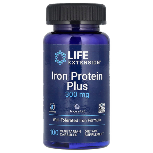 Life Extension, Iron Protein Plus, IronAid, железо плюс белок, 300 мг, 100 растительных капсул