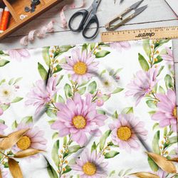 Ткань блэкаут нежные розовые цветы и акварельные листья на белом фоне