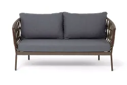 "Диего" диван 2-местный плетеный из роупа, каркас алюминий коричневый (RAL8016) муар, роуп коричневый круглый, ткань темно-серая 027