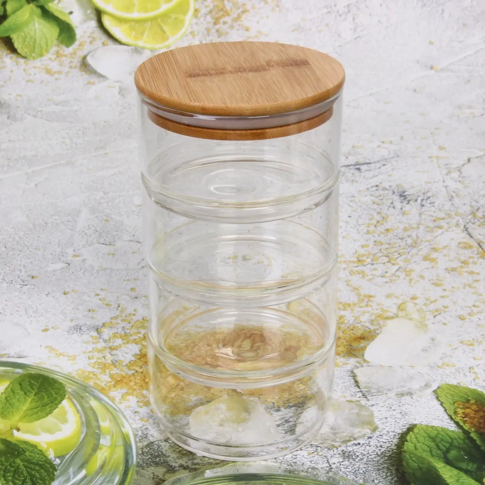 Банка для продуктов стеклянная «Хай-Тек» в наборе 4*400мл с бамбуковой крышкой 11*6см