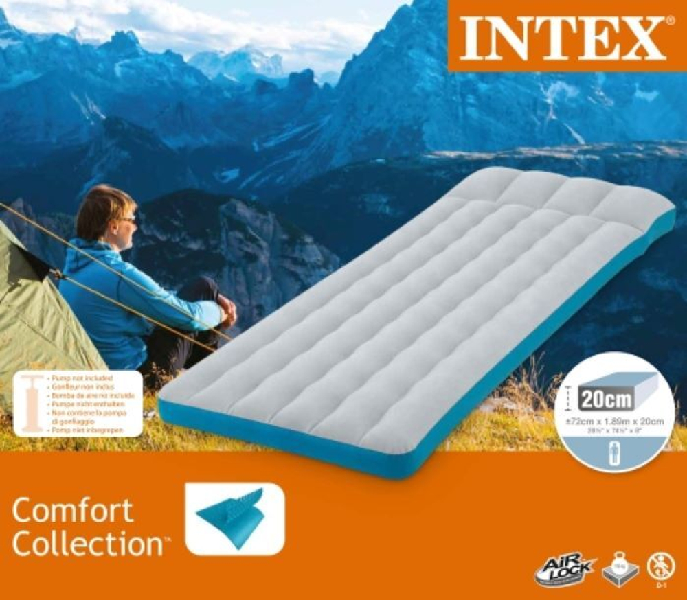 Мaтрас нaдувной Intex 67998 Camping Mat 189х127х24 см / Кoврик нaдувной Интeкс туристический велюровый в палатку для кемпинга и туризма