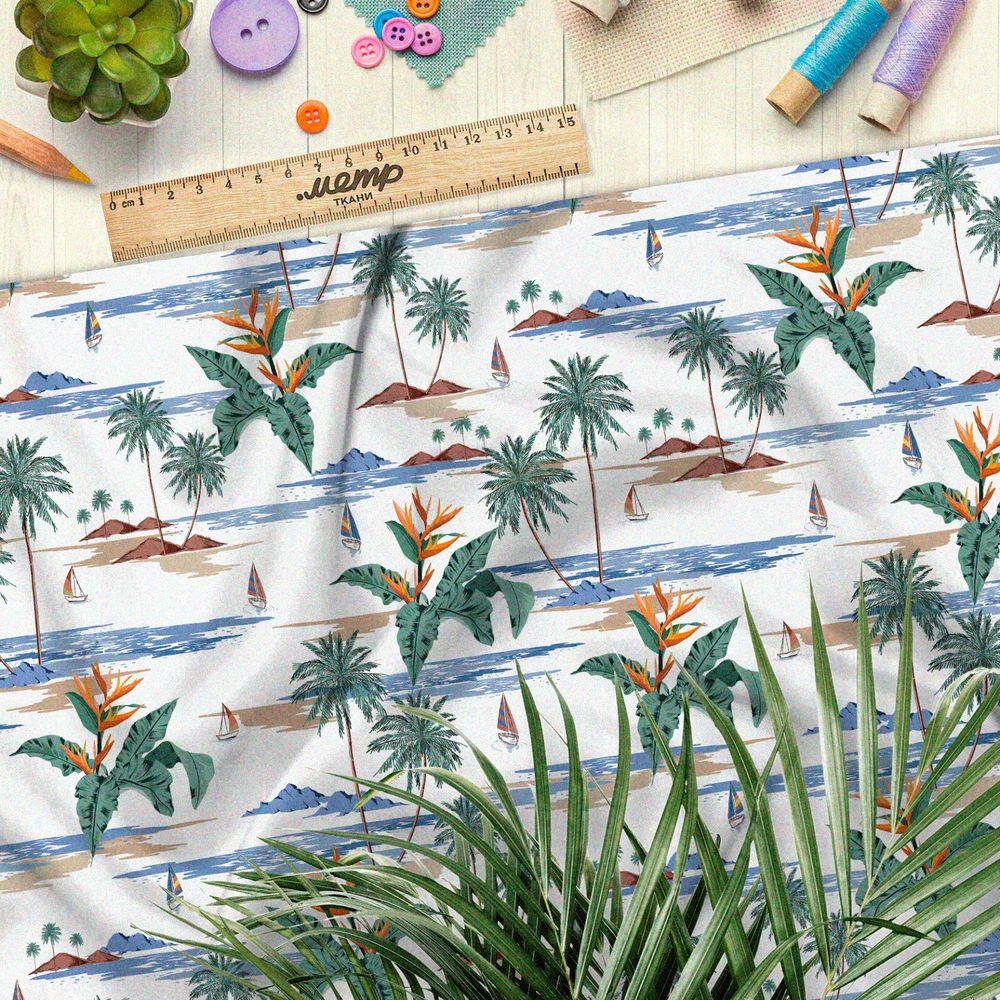 Ткань дюспо маленькие тонкие пальмы и острова