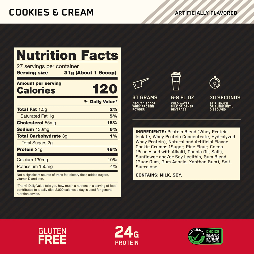 Optimum Nutrition, Gold Standard 100% Whey, сыворотка со вкусом печенья и сливок, 837 г (1,84 фунта)
