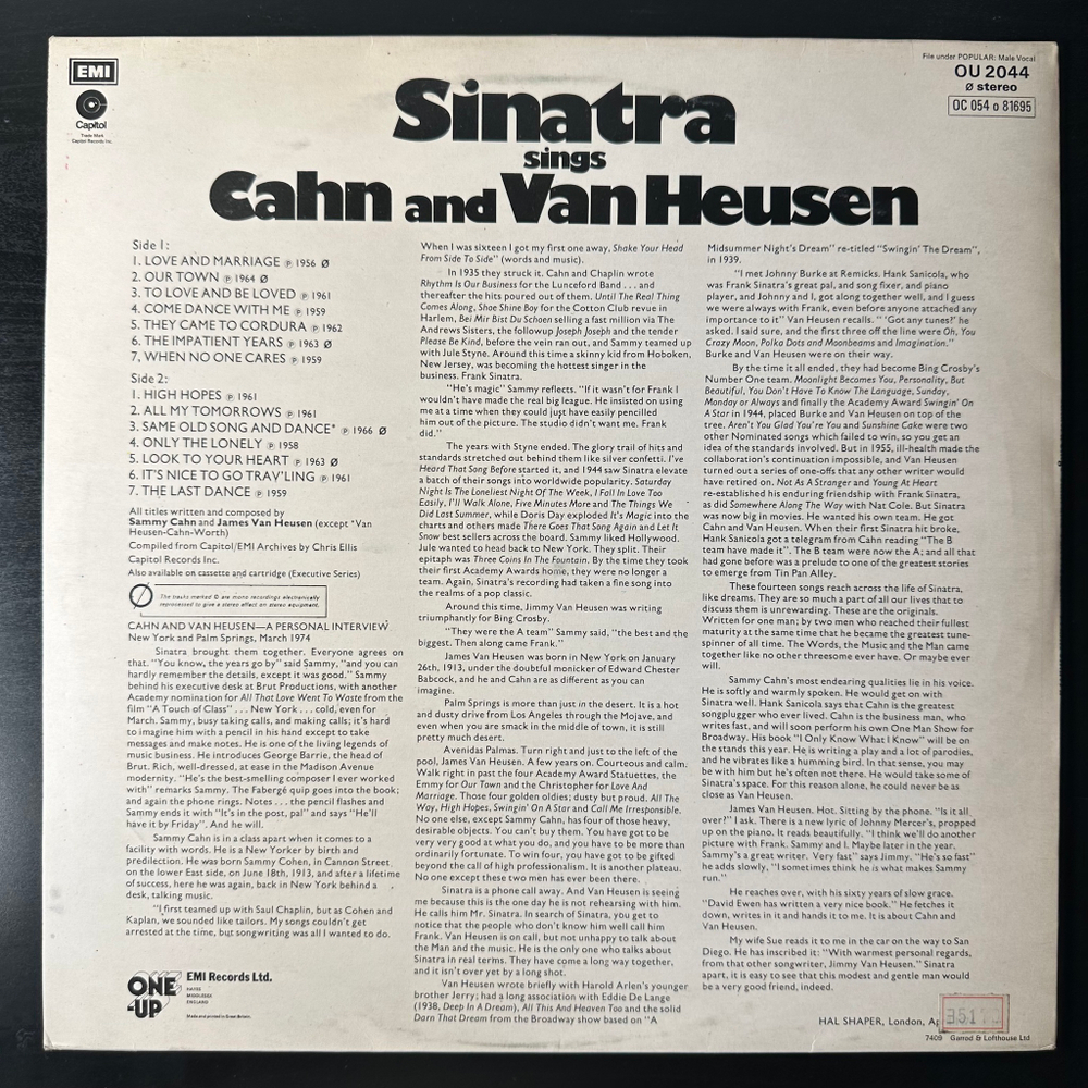 Frank Sinatra ‎– Sinatra Sings Cahn And Van Heusen (Англия 1974г.)