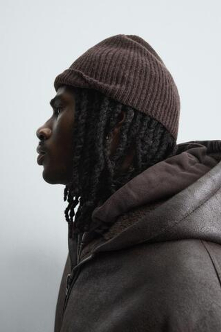 ZARA ШАПКА БИНИ В РУБЧИК ИЗ ШЕРСТИ, ТЕМНО-КОРИЧНЕВЫЙ