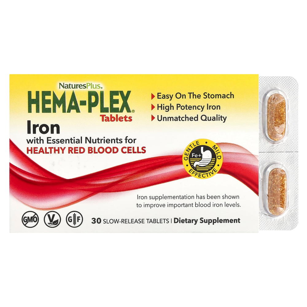 NaturesPlus, Hema-Plex, железо, 30 таблеток медленного высвобождения