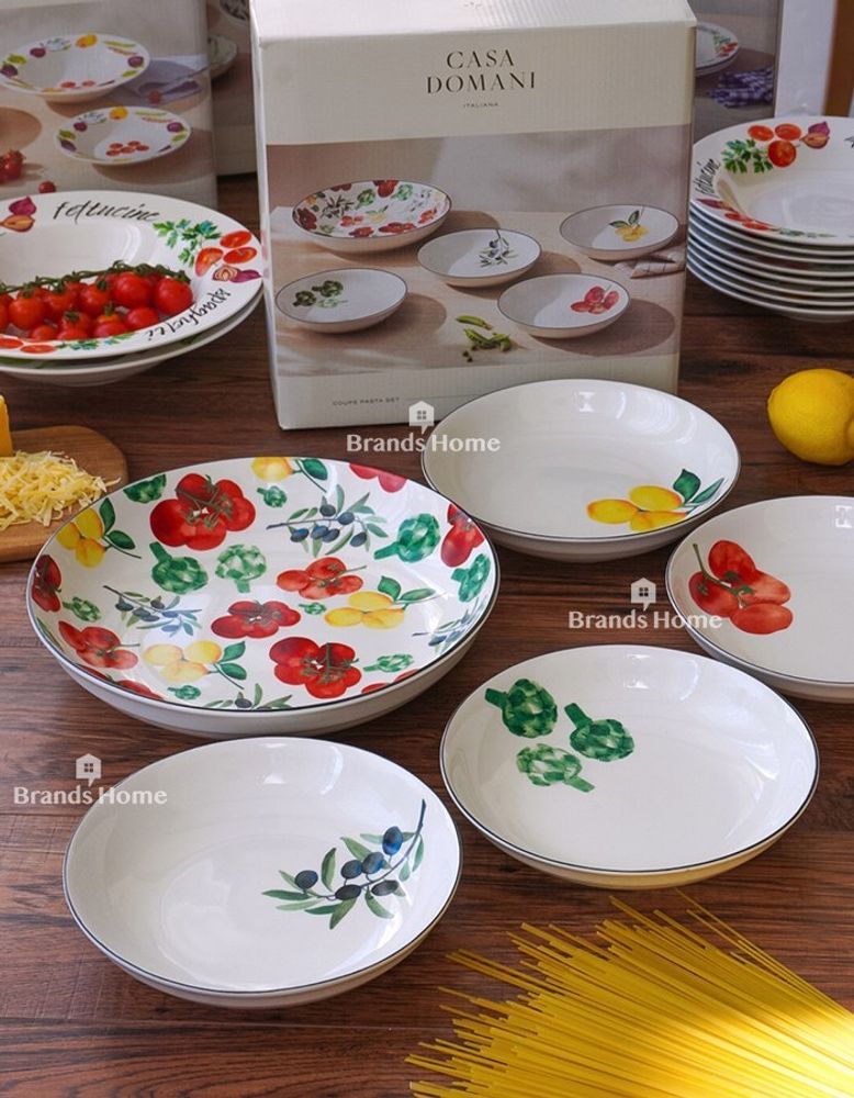 Набор фарфоровой посуды для пасты на 4 персоны Овощи CD494-LF0003, 5 предметов, белый/декор
