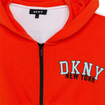 Кардиган трикотажный с капюшоном DKNY Оранжевый/Белый/Спинка: черно-голубые логотипы и надписи (Девочка)