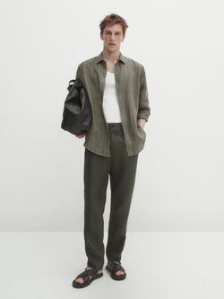 Massimo Dutti Рубашка из 100% льна в полоску, зеленый