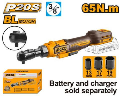 Аккумуляторная угловая трещотка BL 20В, 65Hm 3/8, без АКБ и ЗУ SUPER INGCO CDRLI206521 INDUSTRIAL
