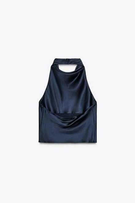 ZARA АТЛАСНЫЙ ТОП С ГОРЛОВИНОЙ ХАЛТЕР, МОРСКОЙ СИНИЙ