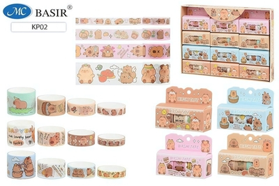 Клейкая лента 4 рулона, ширина-4см. 2см., 1,5см., 1см., "Капибара" бумажный декоративный (Basir)