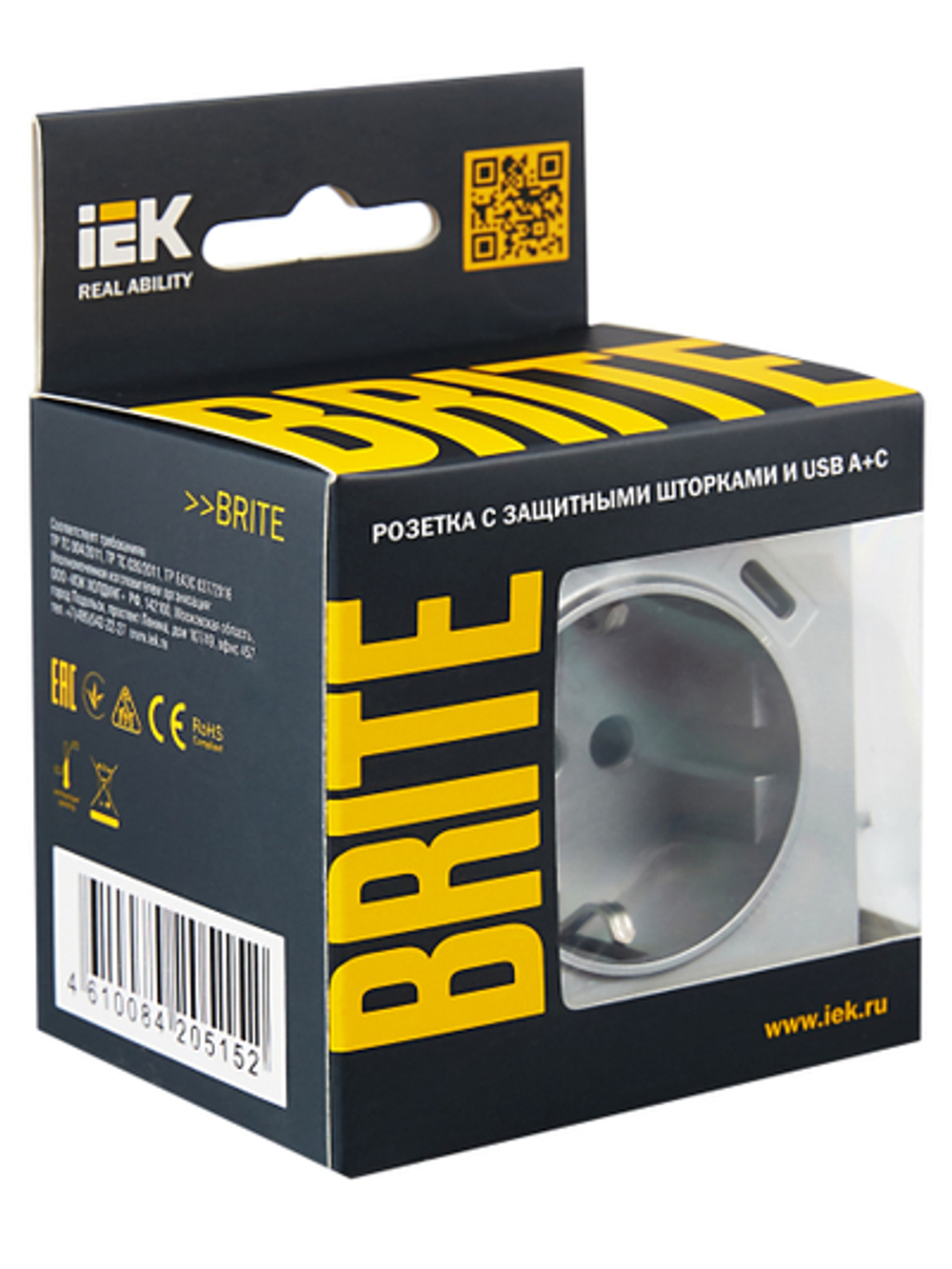 BRITE Розетка 1-местная с заземлением с защитными шторками 16А с USB A+C 18Вт РЮш11-1-БрА алюминий IEK
