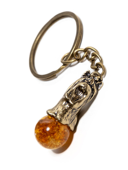 Брелок с янтарем натуральным - собака Йорк, диаметр камня 12 мм