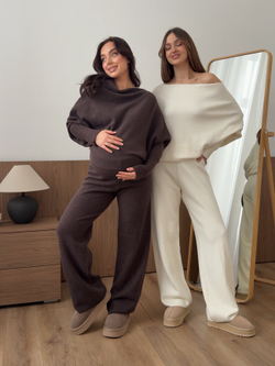 Комплект вязаный, свитер со спущенным плечом и брюки