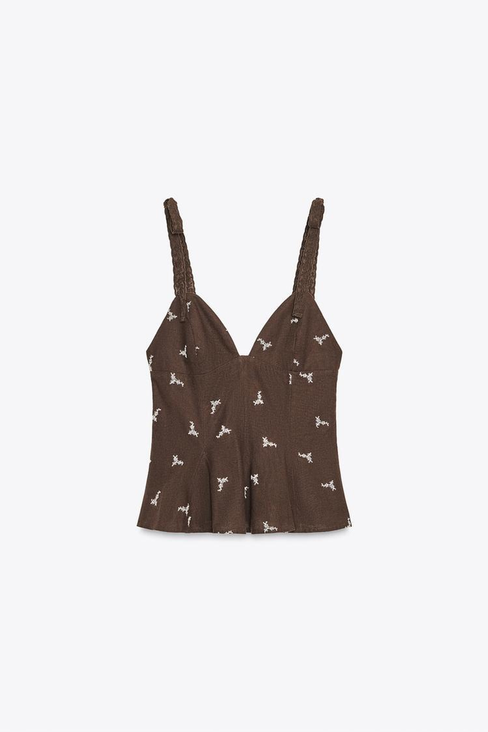 ZARA ТОП С ВЫШИВКОЙ И БАСКОЙ, КОРИЧНЕВЫЙ