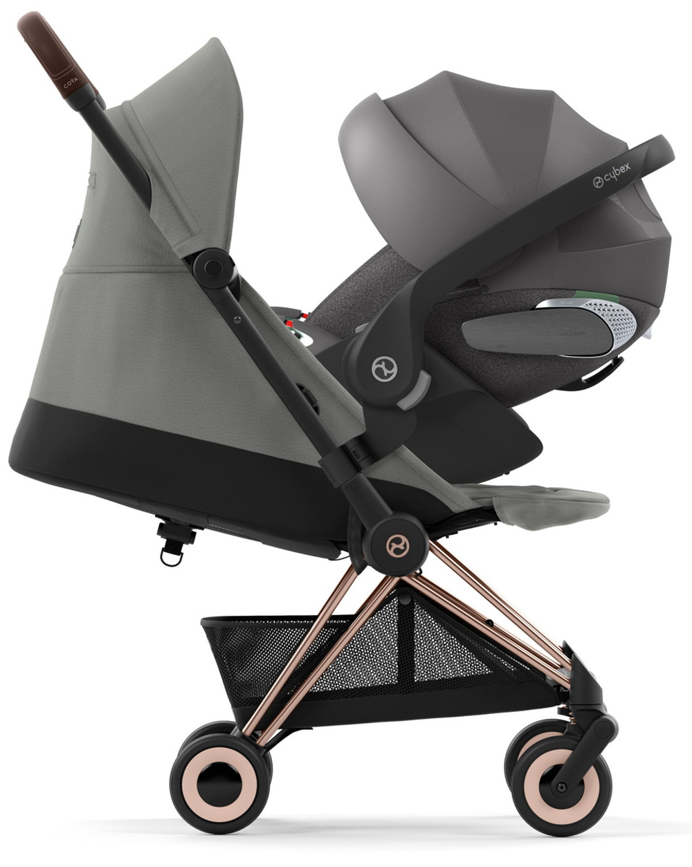 Коляска Cybex Coya Rosegold Frame Cloud T i-Size Mirage Grey Plus Leaf Green с дождевиком и бампером
