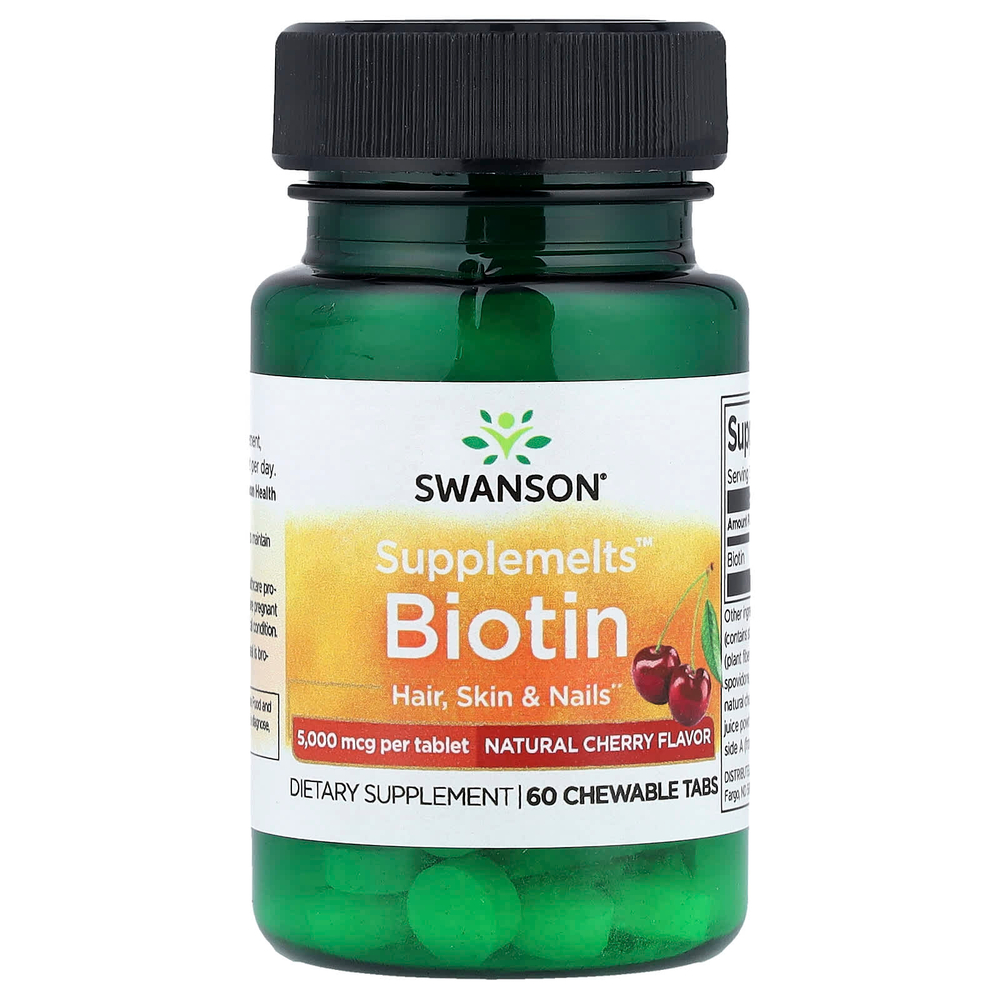 Swanson, Supplemelts™, биотин, натуральная вишня, 5000 мкг, 60 жевательных таблеток