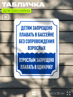 Табличка для бассейна "Детям запрещено плавать в бассейне без сопровождения взрослых", на пляж, для общественной и частной зоны отдыха, информационная, 40х30 см, Silver Plane x Айдентика Технолоджи
