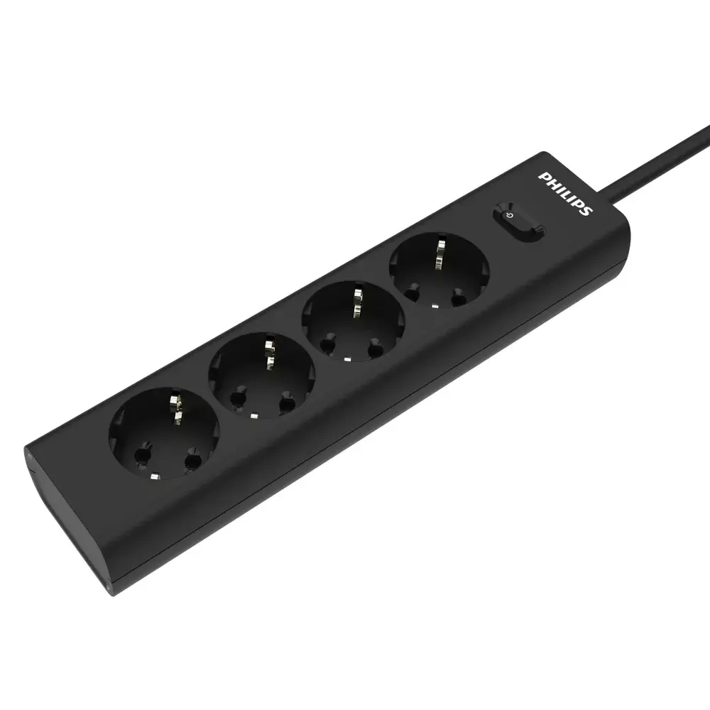 Сетевой фильтр удлинитель Philips CHP2145BB/51 с четырьмя стандартными розетками EU, с заземлением и защитой от перегрузок, 3 м, черный