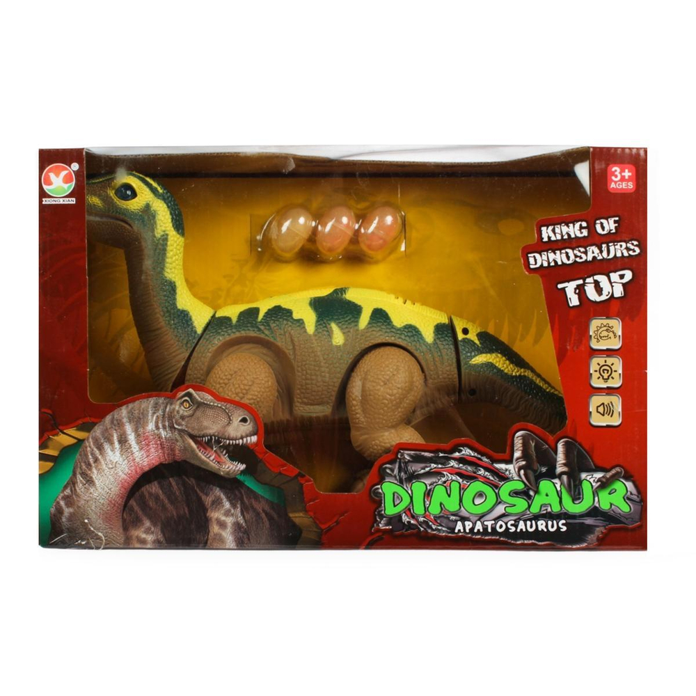 Динозавр Апатозавр коричневый. Ходит, откладывает яйца, свет/звук WB-00700/коричневый (Junfa)