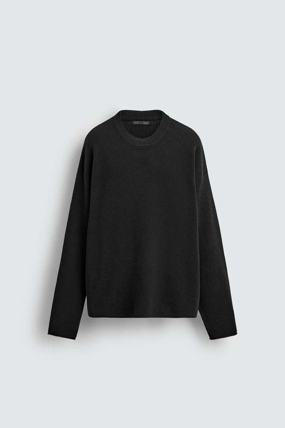 ZARA СВИТЕР ВАФЕЛЬНОГО ПЛЕТЕНИЯ С ЭФФЕКТОМ ПОТЕРТОСТИ, ЧЕРНЫЙ