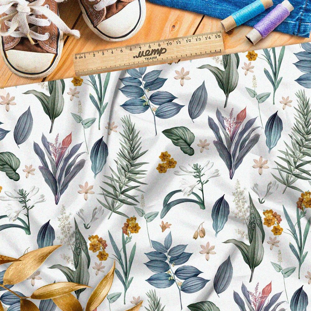 Ткань сатин маслом нарисованные полевые листья