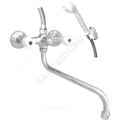 Смеситель для ванны с душем двуручный круглый излив, душевой шланг н/ж сталь, белая пластиковая лейка и кронштейн Стандарт ЦС-СМ 295-3 Пл. Бел маховик Центр Сантехники (Подольск) СМ500211