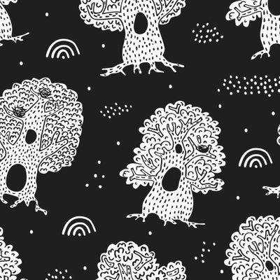 Black and white forest of magical trees fabric print