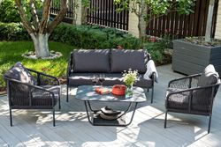 "Канны" диван 2-местный плетеный из роупа, каркас алюминий темно-серый (RAL7024) муар, роуп темно-серый круглый, ткань темно-серая 027