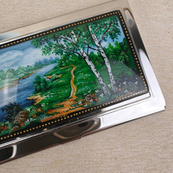 Визитница металлическая персональная "Русские березки" (ручная роспись Палех)