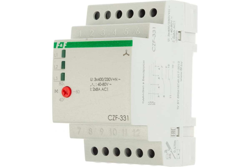 Реле контроля фаз CZF-331 3х400/230+N 2х8А 2P IP20 регулировка порога отключения