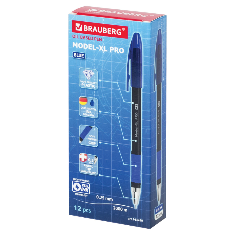 Ручка шариковая масляная с грипом BRAUBERG "Model-XL PRO", СИНЯЯ, узел 0,5 мм, линия письма 0,25 мм, 143249